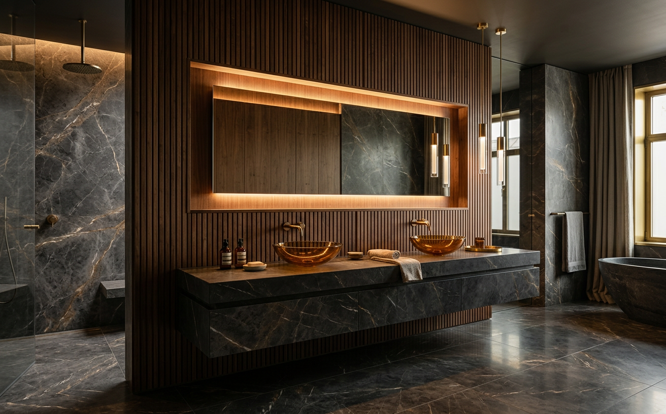Bagno materico con marmo grigio e boiserie in legno