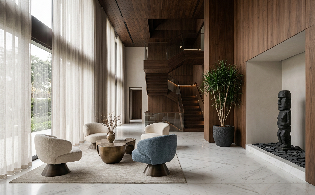Lobby in marmo Calacatta con sedute scultoree