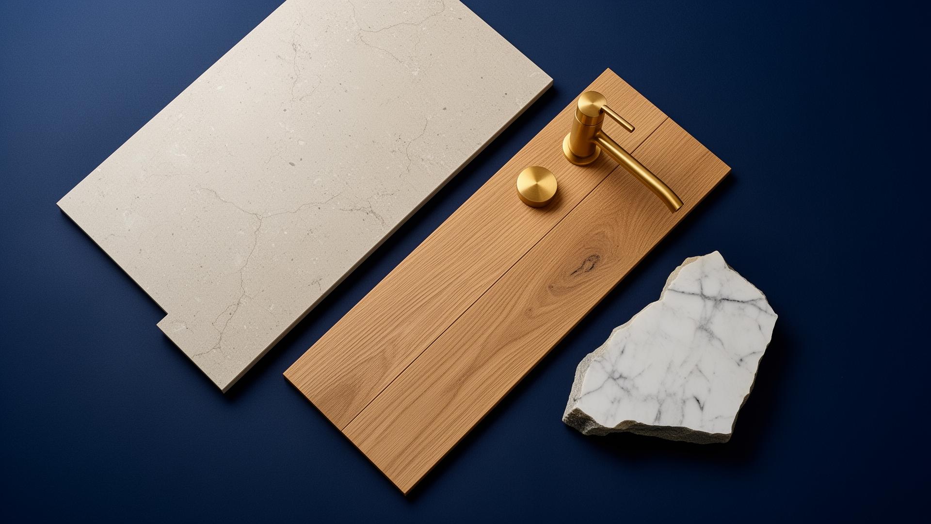 Composizione di campioni di materiali: gres, parquet rovere, marmo e dettaglio in ottone su sfondo navy