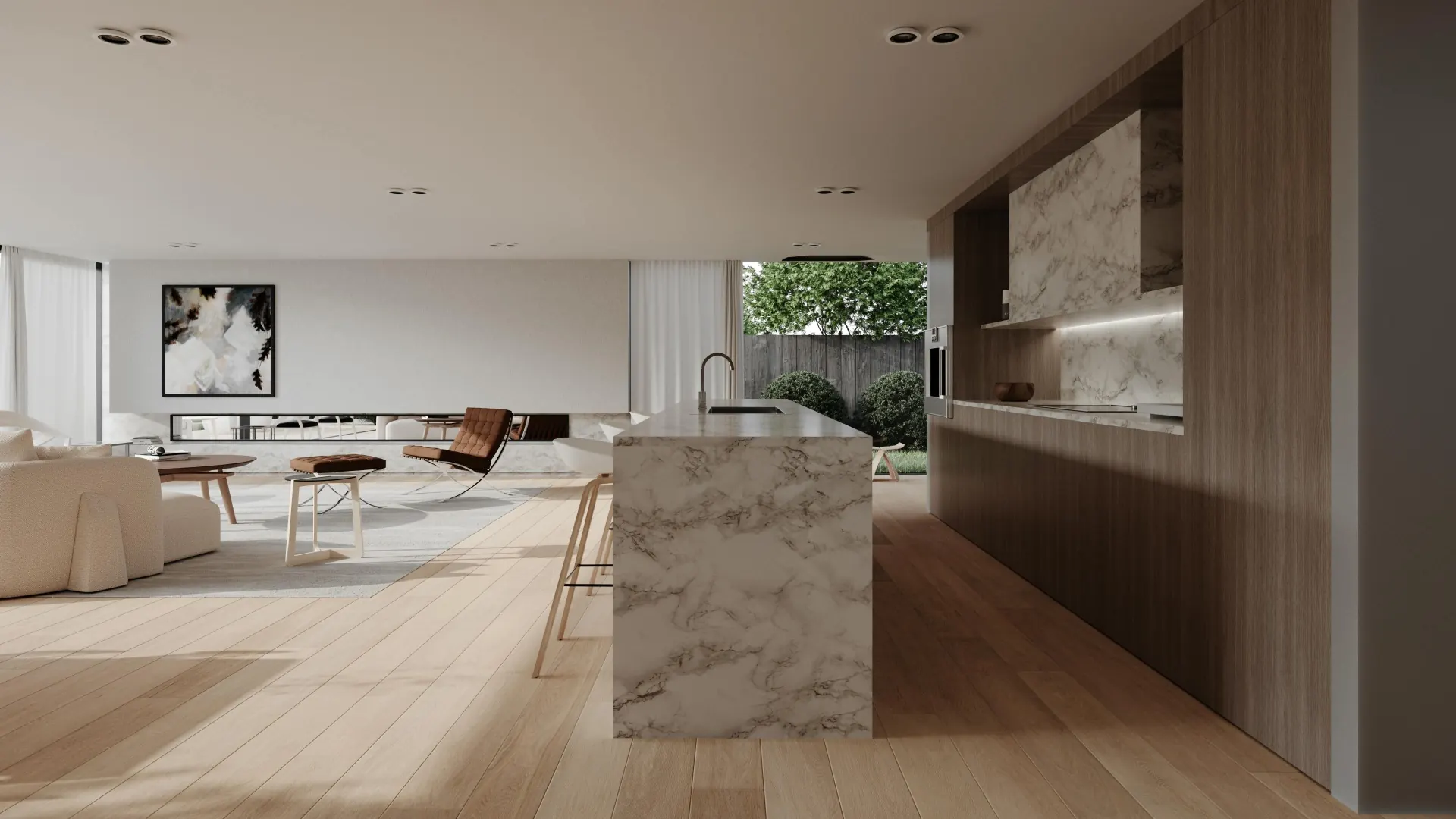 Living contemporaneo con isola cucina in marmo statuario e parquet rovere — atmosfera Materia Expo